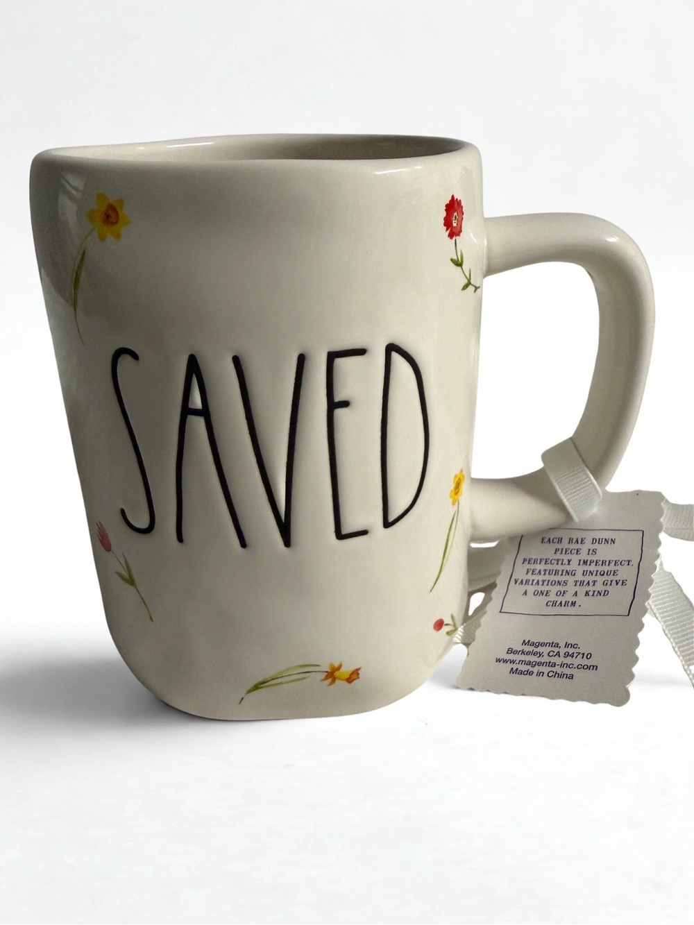 Rae Dunn Ivory 'SAVED' Ceramic Mug with Floral Accents